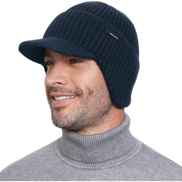 Other - Men's Navy Blue Winter Beanie Brim And Ear Flaps Outdoor Warm Fleece Knit Hat